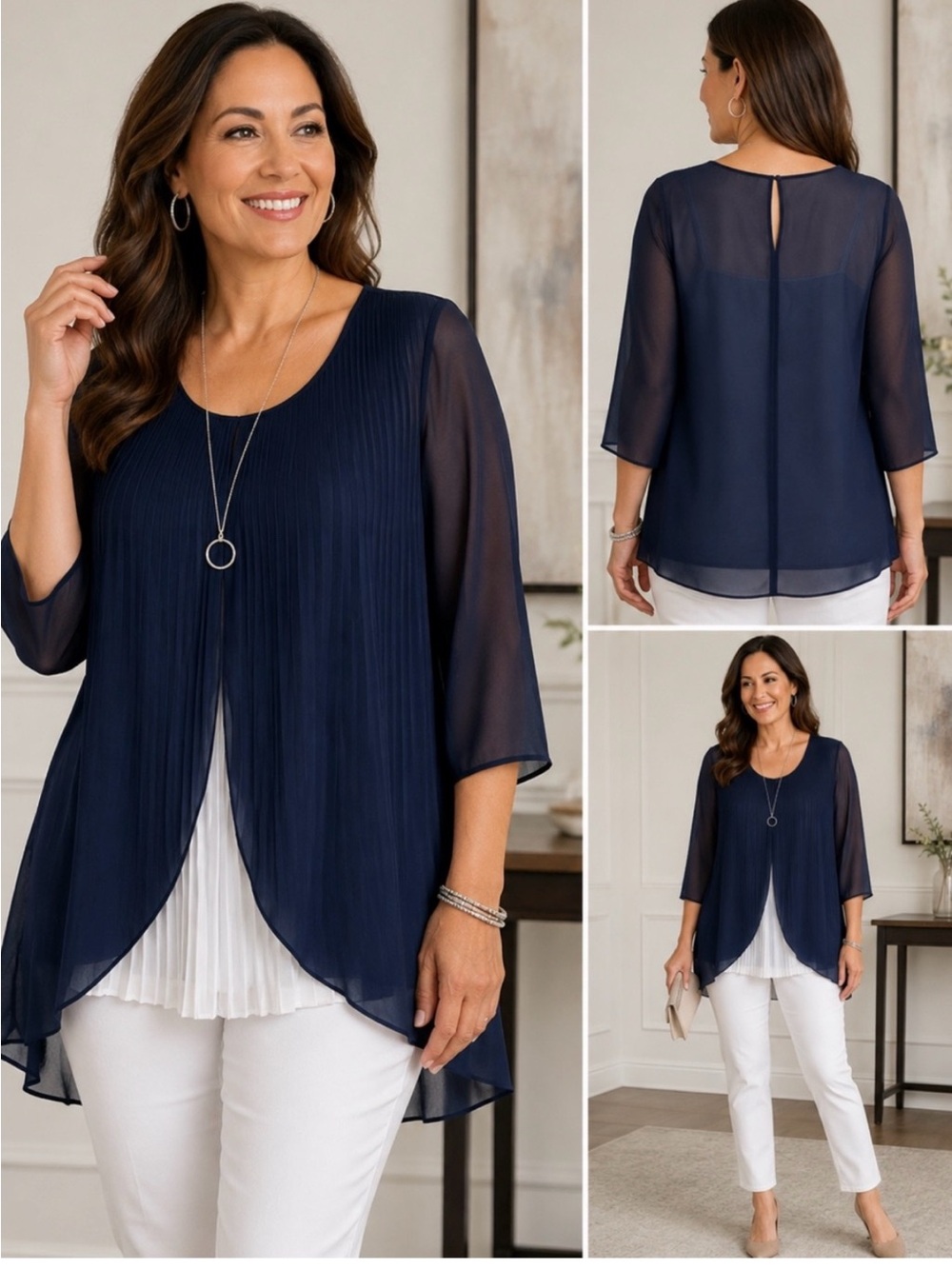 Navy Chiffon Overlay Blouse with Pleated Shell by CHICOS🔥